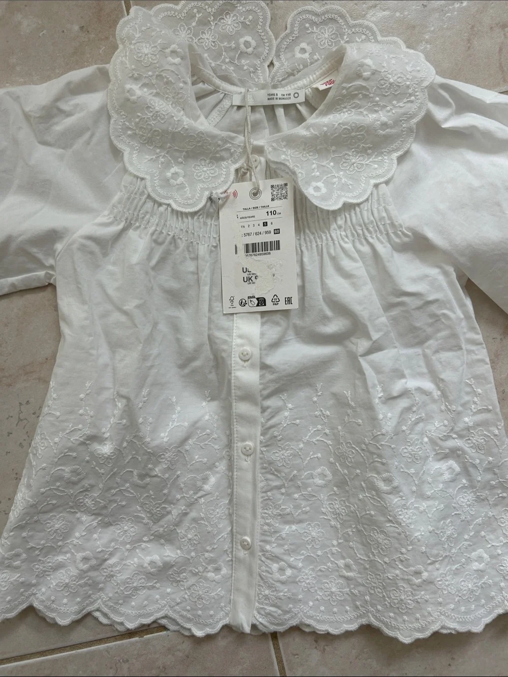 Zara White Embroidered Cotton Peter Pan Collar Blouse